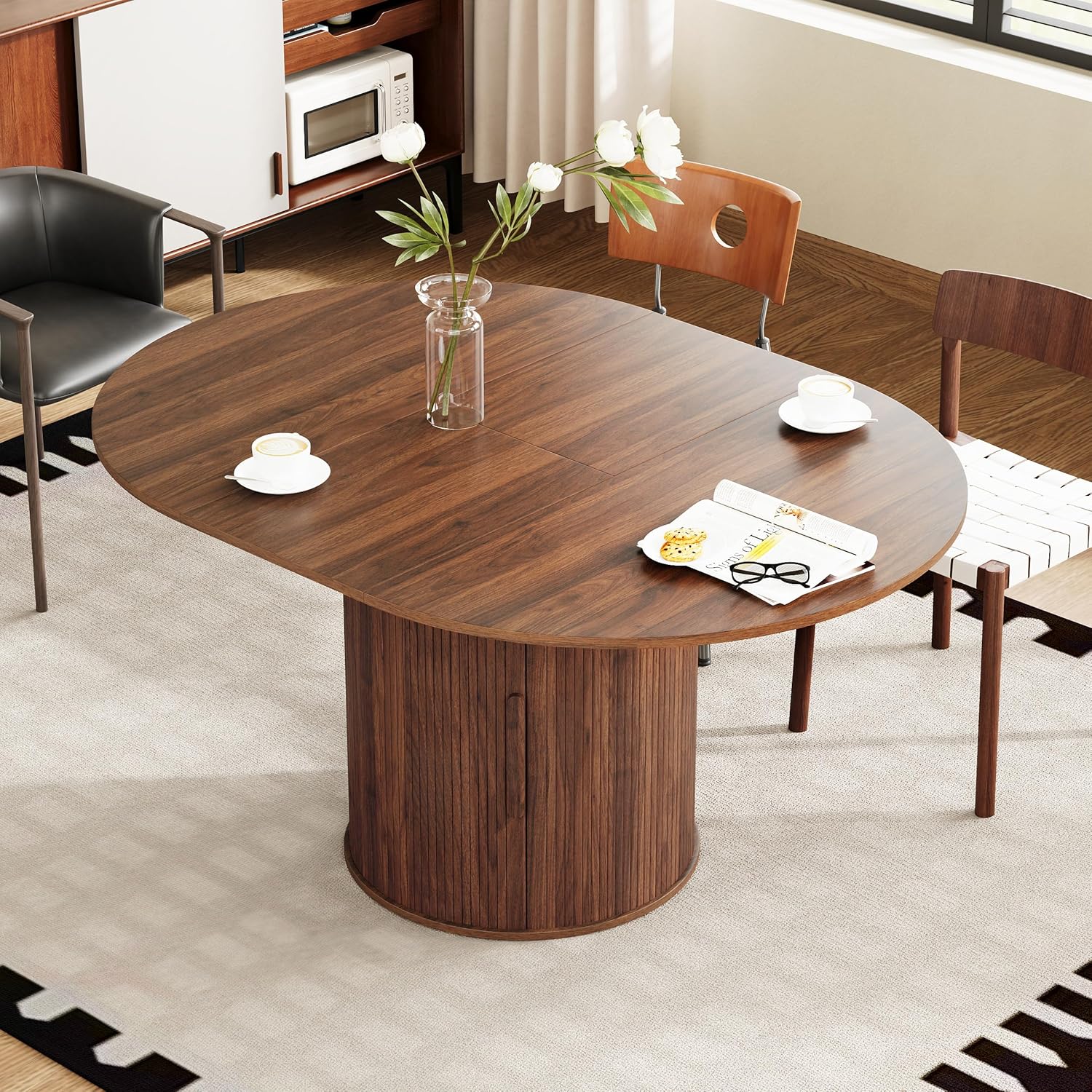 43"-59" Extendable Round to Oval Dining Table with Hidden Storage, Modern Wooden Kitchen Table with Fluted Sliding Door Cabinet, Expandable Dinner Table for Dining Room Living Room (Walnut)