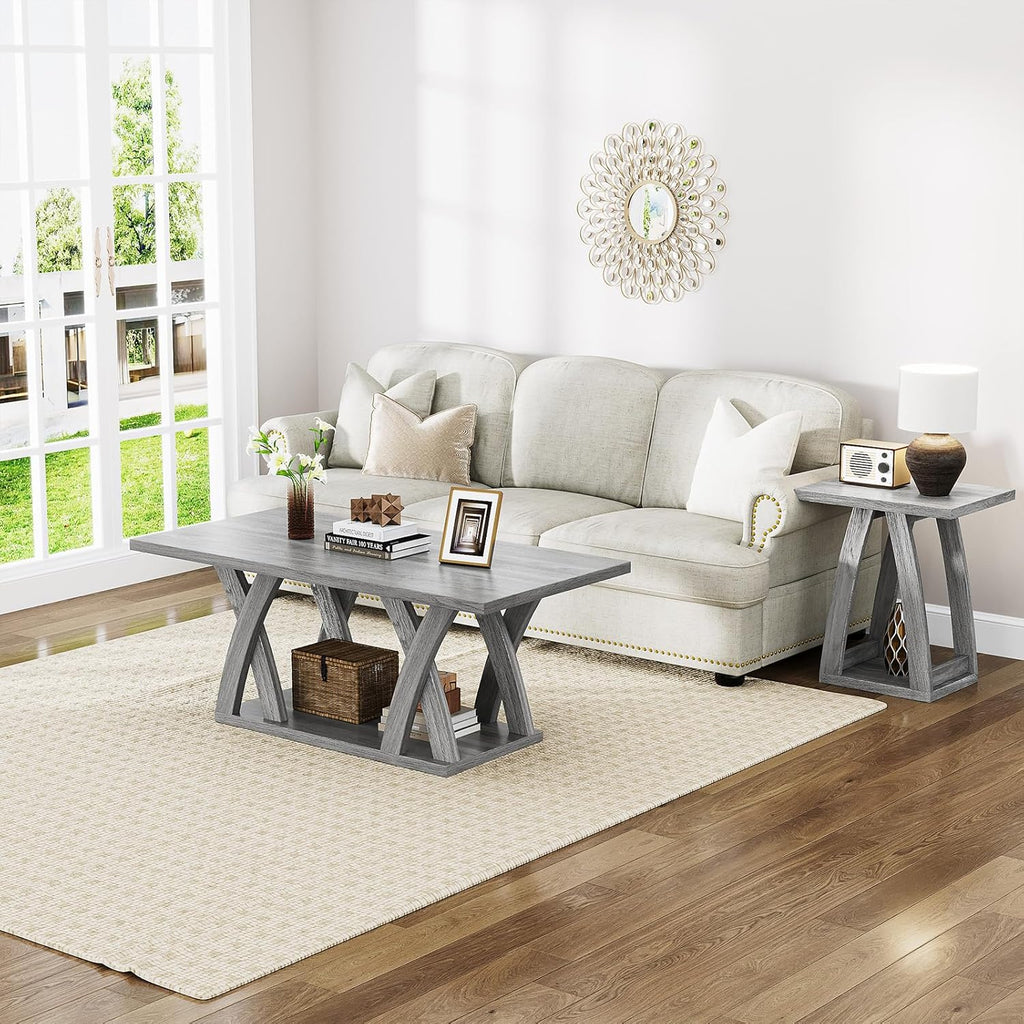 47” Farmhouse Coffee Tables for Living Room Rustic Stands with Storage Shelf Grey Coffee Tables for Living Room Farmhouse Center Stands with Shelf Wood Rectangle Center Table