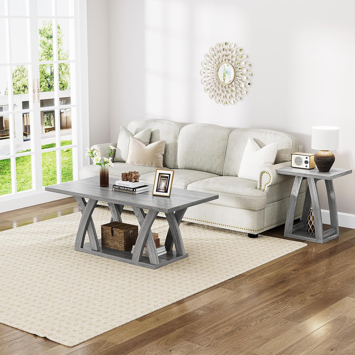 47” Farmhouse Coffee Tables for Living Room Rustic Stands with Storage Shelf Grey Coffee Tables for Living Room Farmhouse Center Stands with Shelf Wood Rectangle Center Table