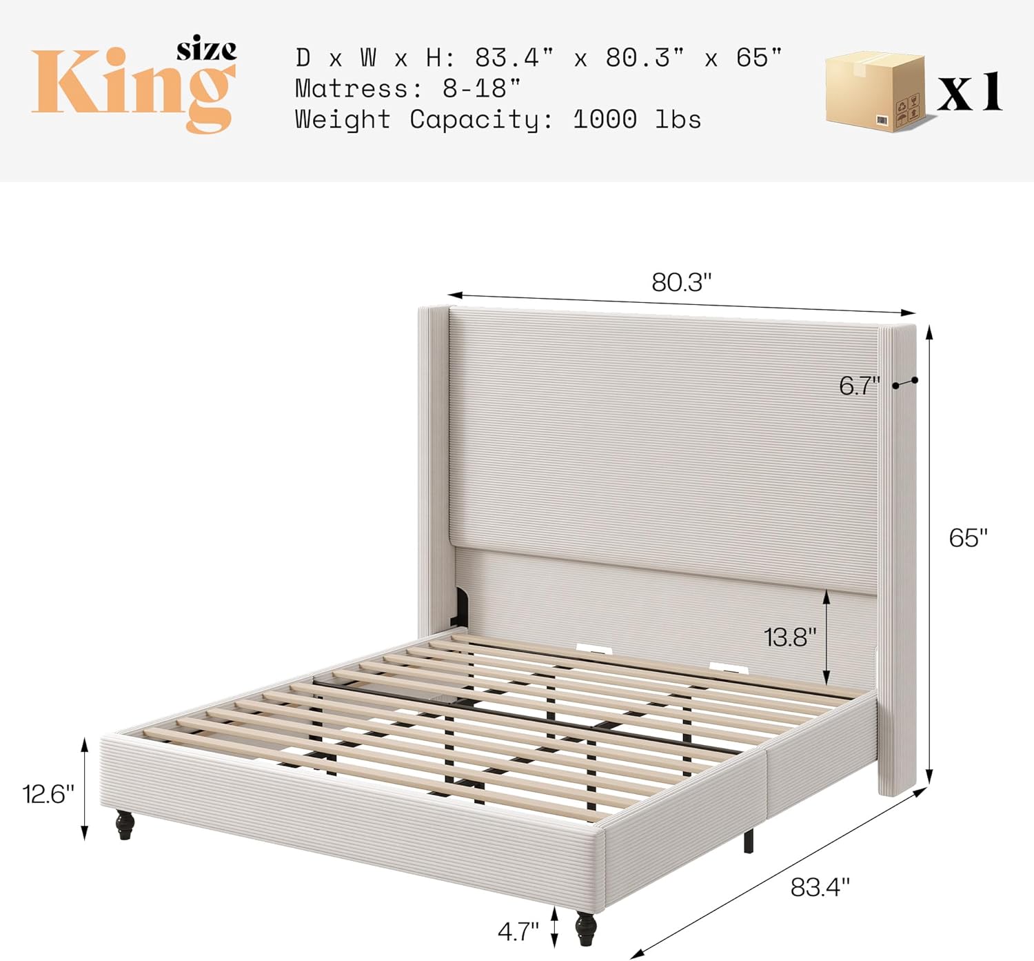AMERLIFE King Size Bed Frame with 65" Tall Headboard, Upholstered Corduroy Bed Frame with Wingback, Platform Bed with Solid Wood Gourd Legs, Solid Slats, No Box Spring Needed, White