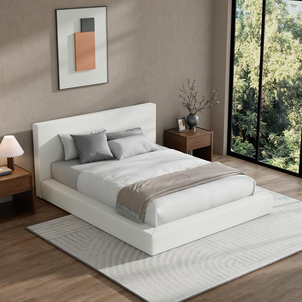 RECCI Cloud Upholstered Queen Bed Frame with Headboard, 5 Inch Foam Padded Platform, No Box Spring, Easy Assembly (Snow White)