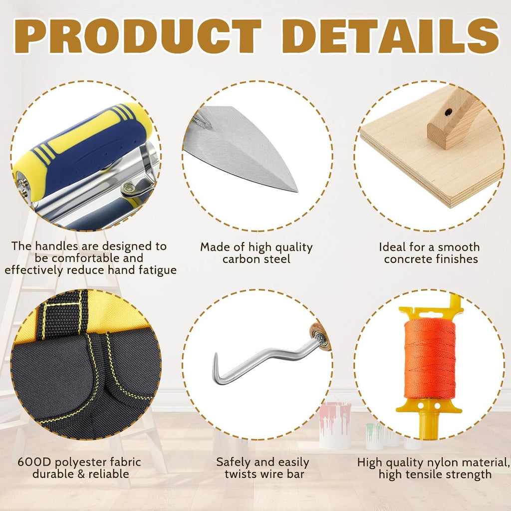 SiliFine 18 Pcs Masonry Trowel Construction Tool Kit with Tool Bag, Includes Putty Knives, Gloves Rebar Hooks, Stainless Steel Tools for Home, DIY, Concrete Masonry Work(Yellow)