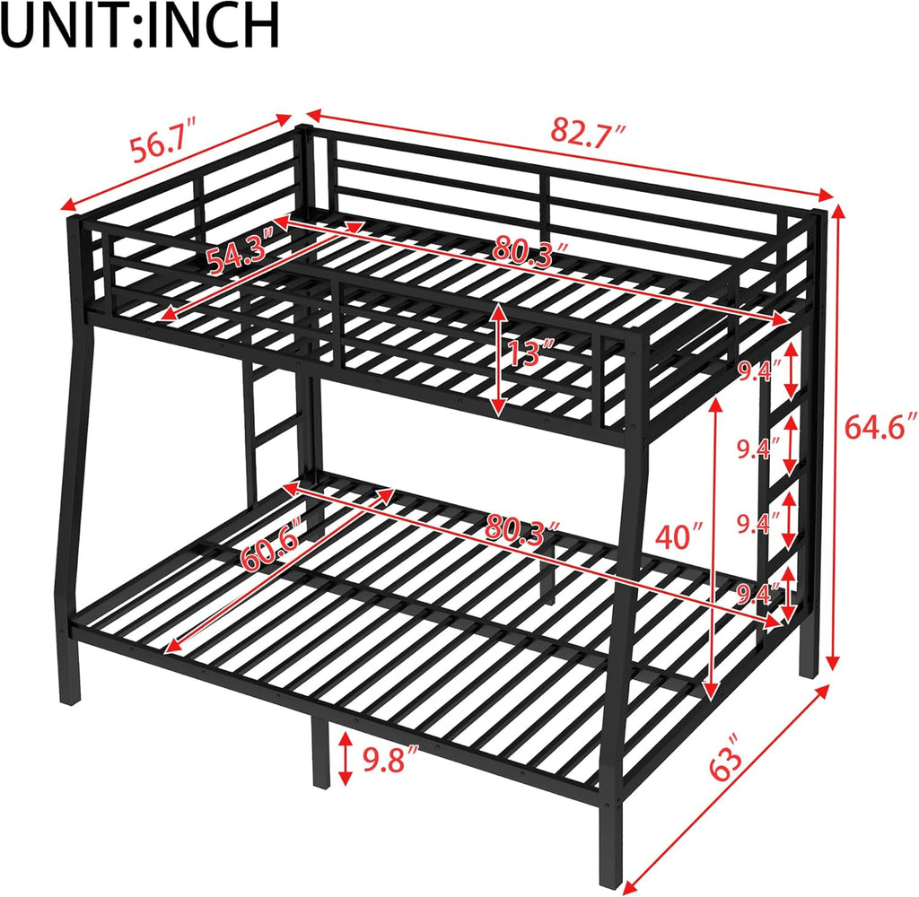 Bellemave Metal Full XL Over Queen Bunk Bed, Heavy-Duty Bunkbed Frame with Guardrails & 2 Ladders, Noise-Free, 9.8" Under-Bed Storage Full Over Queen bunk Bed, No Box Spring Needed, Black