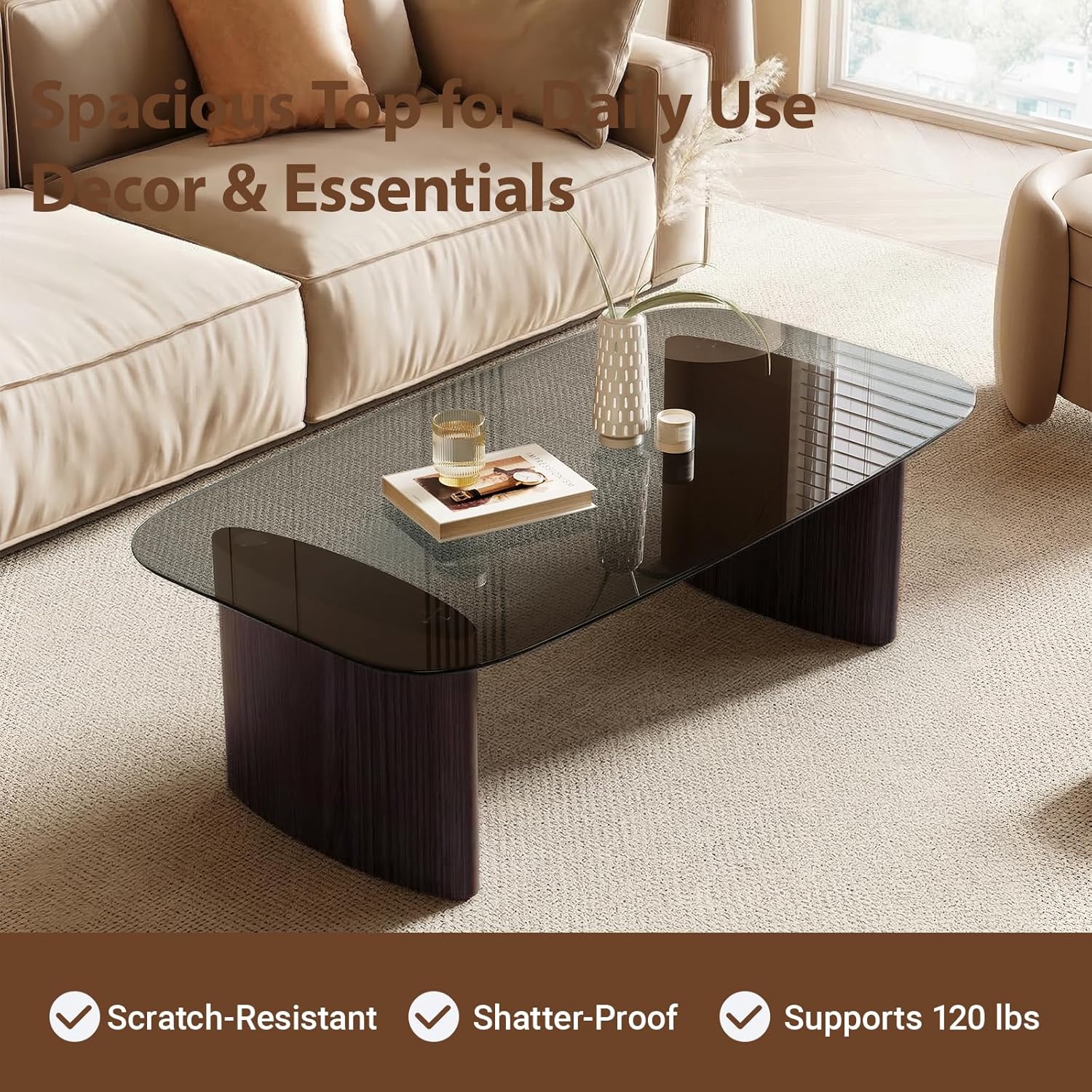 Modern Glass Coffee Table, Coffee Table for Living Room,Tempered Glass-top with Sturdy Wooden Base, Modern Coffee Tables for Small Space, Apartment, Office, Minimalist Design (Walnut)