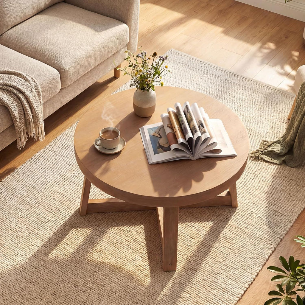 Giantex Round Coffee Table, 30" Wood Center Table with Thickened Tabletop & Cross-Shaped Pine Wood Frame, 220 lbs Capacity, Modern Living Room Table for Small Spaces, Natural