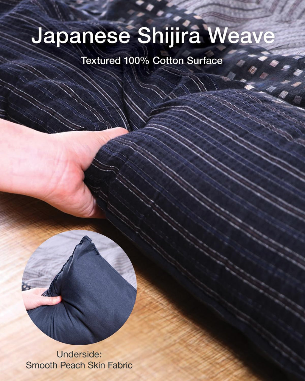FULI Japanese Kotatsu Blanket, Warm Quilted Kotatsu Futon Comforter, 100% Cotton Top, Made in Japan, 81x96 in / 205x245 cm Rectangle (Black)