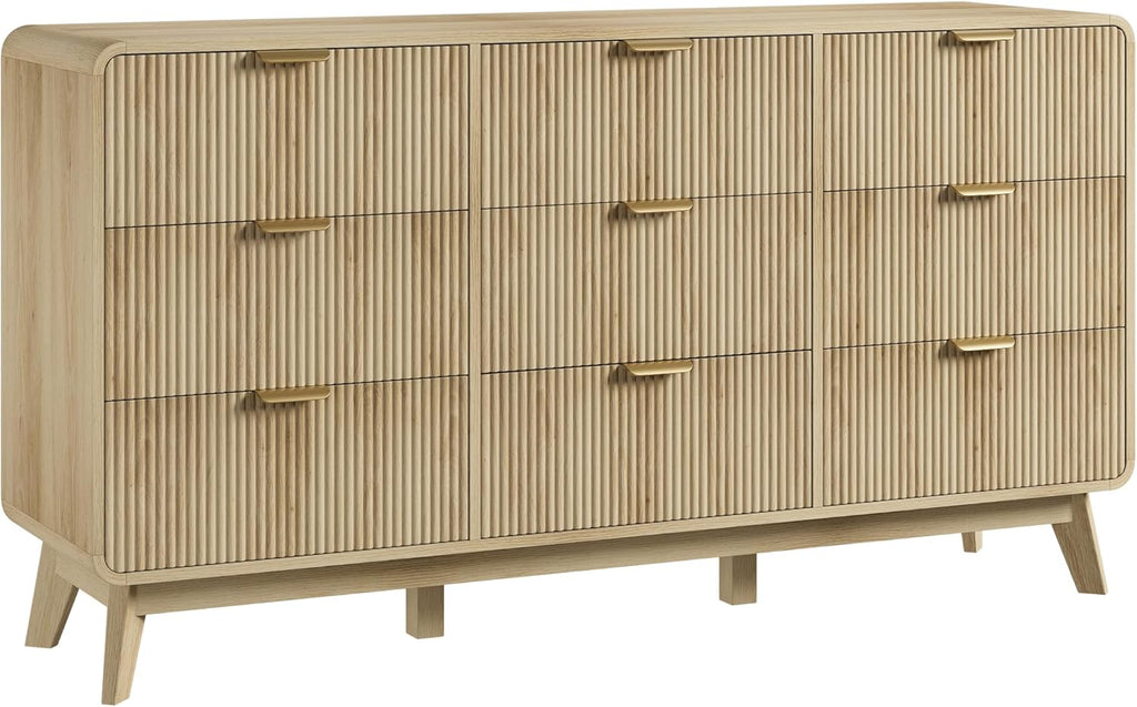 QUW Fluted 59.1" Wide Modern Dresser for Bedroom with 9 Drawers, Tall Chest of Drawers with Metal Handle, Wooden Dresser TV Stand, Hallway, Living Room, Natural Oak
