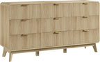 QUW Fluted 59.1" Wide Modern Dresser for Bedroom with 9 Drawers, Tall Chest of Drawers with Metal Handle, Wooden Dresser TV Stand, Hallway, Living Room, Natural Oak