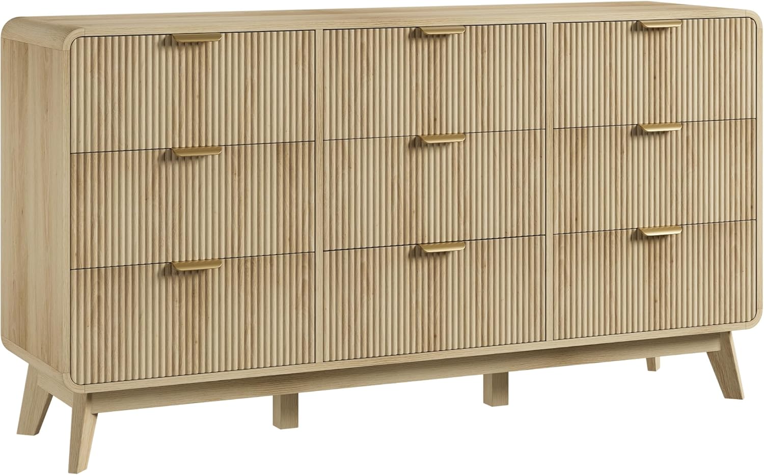 QUW Fluted 59.1" Wide Modern Dresser for Bedroom with 9 Drawers, Tall Chest of Drawers with Metal Handle, Wooden Dresser TV Stand, Hallway, Living Room, Natural Oak