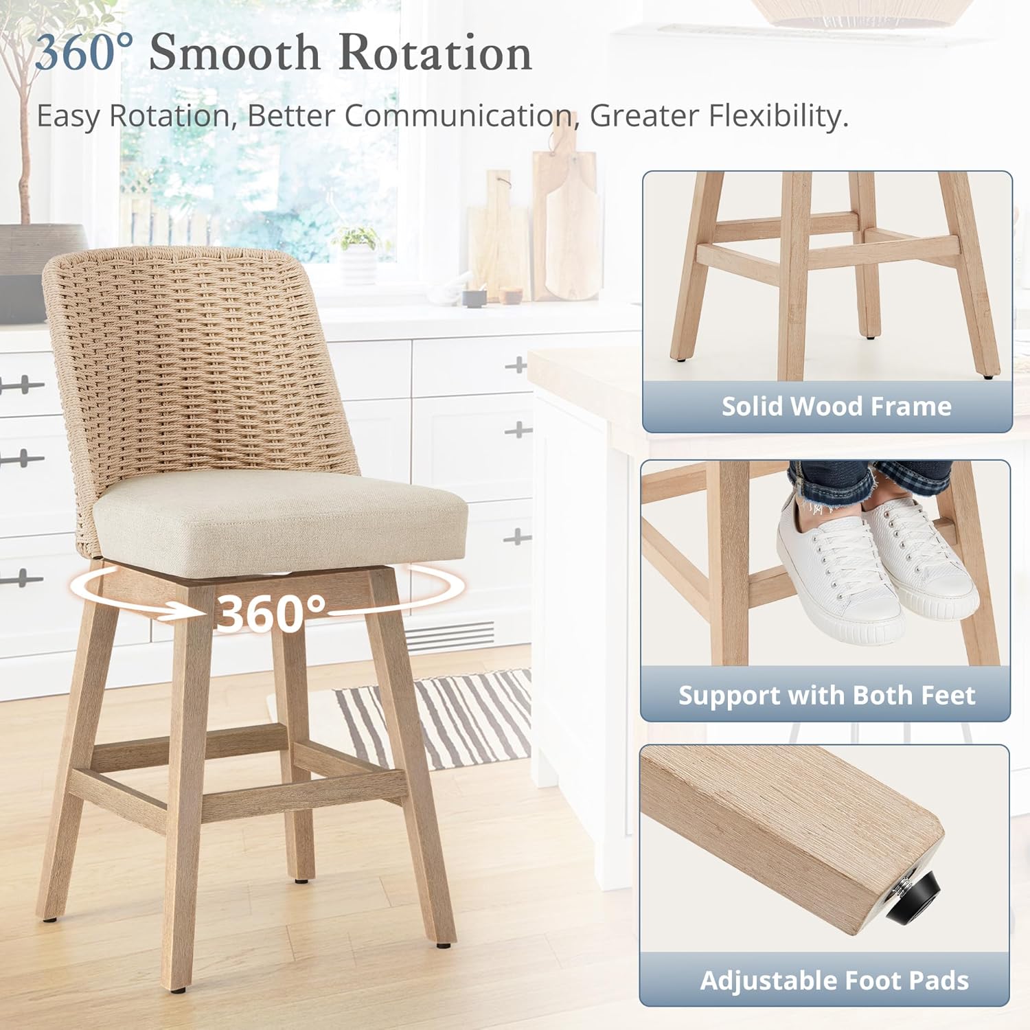 LUE BONA Rattan Bar Stools Set of 3, 27” Swivel Wooden Bars Stools with Thick Linen Seat, Handwoven Back & Wooden Leg, Counter Height for Kitchen Island, Apricot