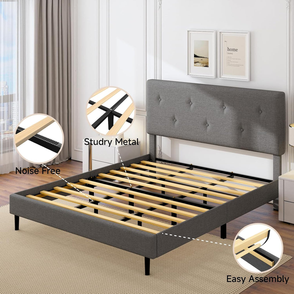 King Size Linen Bed Frame, Upholstered Platform Bed Frame with Adjustable Headboard, Wooden Slats Support, No Box Spring Needed, Easy Assembly, Grey