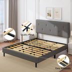 King Size Linen Bed Frame, Upholstered Platform Bed Frame with Adjustable Headboard, Wooden Slats Support, No Box Spring Needed, Easy Assembly, Grey