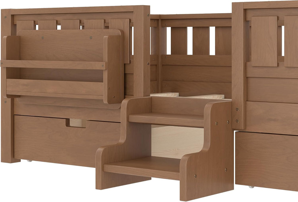 Bellemave Twin Bed with Storage Drawers & Bookshelf, Low Profile Kids Bed Frame with Staircase & Full Length Guardrails, Solid Wood Twin Bed for Kids with Slats Load 300LBS, Easy Assembly, Oak Brown