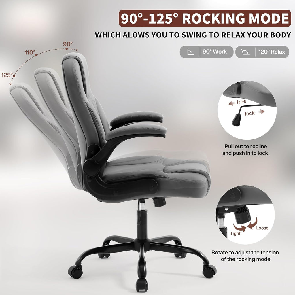 Executive Office Chair PU,Leather Office Chair with Wheels,360° Swivel Rolling Chair with Padded Arms,Ergonomic Computer Chair with Lumbar Support for Short People Use (Grey)