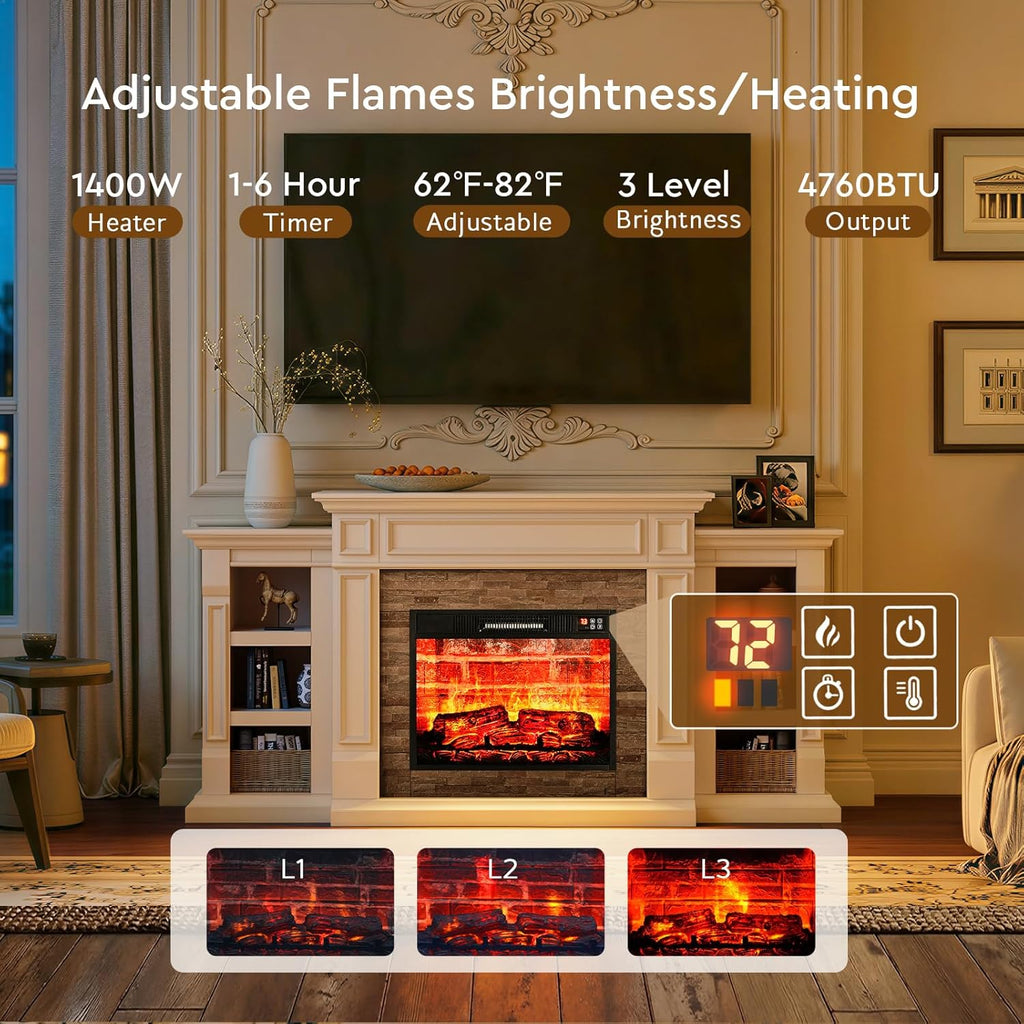 LGHM 72" Electric Fireplace with Mantel, Fireplace TV Stand for TVs Up to 80 Inch, Modern Entertainment Center with Storage, Fireplace Heater Insert with Realistic 3D Flame for Living Room