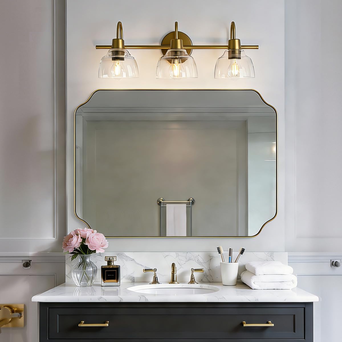 Gold Bathroom Mirror 30x40 Inch, Scalloped Brass Mirrors for Bathroom Sink, Notched Corner Rectangle Mirror in 1'' Stainless Steel Metal Frame Home Remodel Wall Mount Vertical/Horizontal