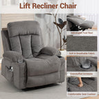 Lift Chair for Elderly with 8 Vibration Points Massage and Heat, Power Electric Recliner Featuring Cup Holders Side Pockets & USB Charge Port for Living Room, Gray