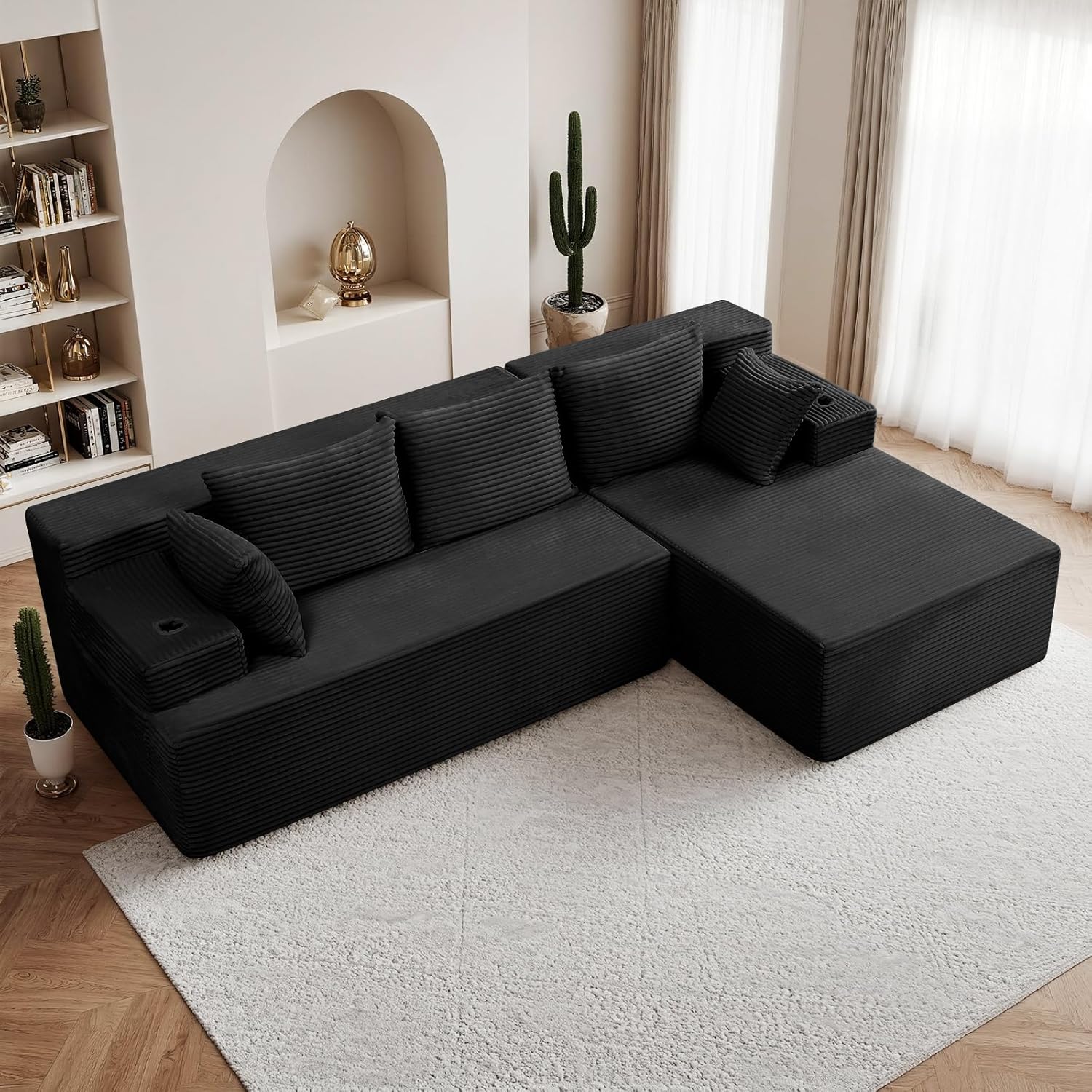 96.8" Boneless Couch Cloud Modular Sectional Sofa with L Shaped Chaise, Modern Corduroy Upholstered Deep Seat Couches Lounge with 5 Pillows for Living Room Bedroom(Black, Stripe, Right Facing Chaise)