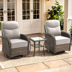 Luxury Outdoor Swivel Rocker Patio Chairs of 2 with Side End Table - 3 Piece Set with 6-Inch Smile Cushions High Back Brown Wicker Rattan Gliders Furniture for Porch Balcony Deck - Beige