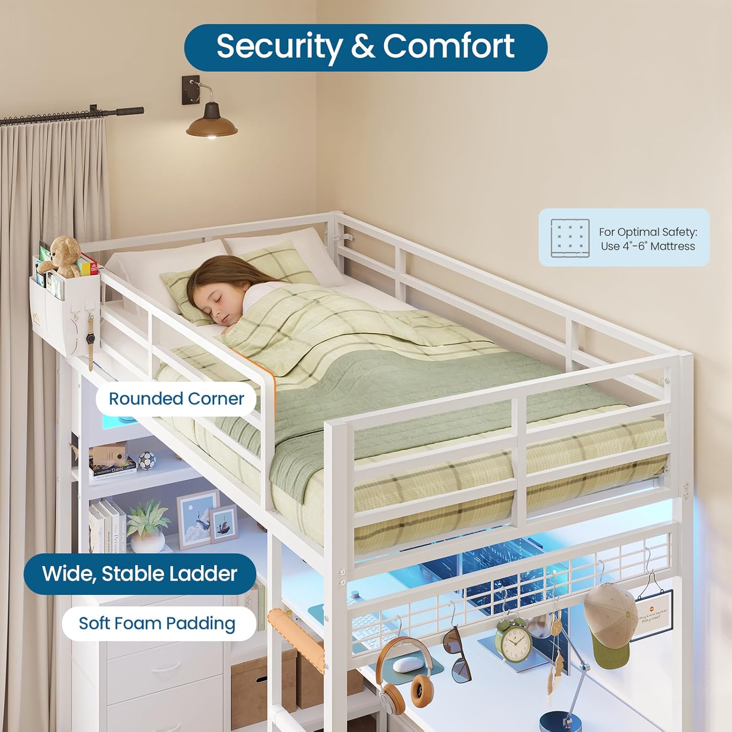 Twin Size Loft Bed with L-Shaped Gaming Desk, Storage Drawers, Glass Cabinet & Hutch, Twin Loft Bed with Smart LED Lights & Power Outlets, Metal Bed Frame with Safety Guardrail & Ladder for Kids/Teens