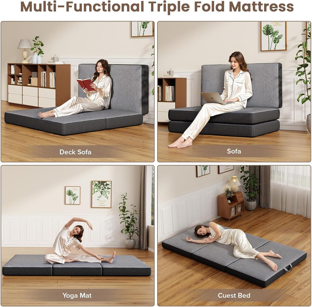 Vamcheer Tri Folding Mattress Full Size - 6 Inch Foldable Mattress for Travel/RV/Camping/Guest Room/Yoga, 73"x52"x6" Tri-fold Memory Foam Cushion with Washable Cover
