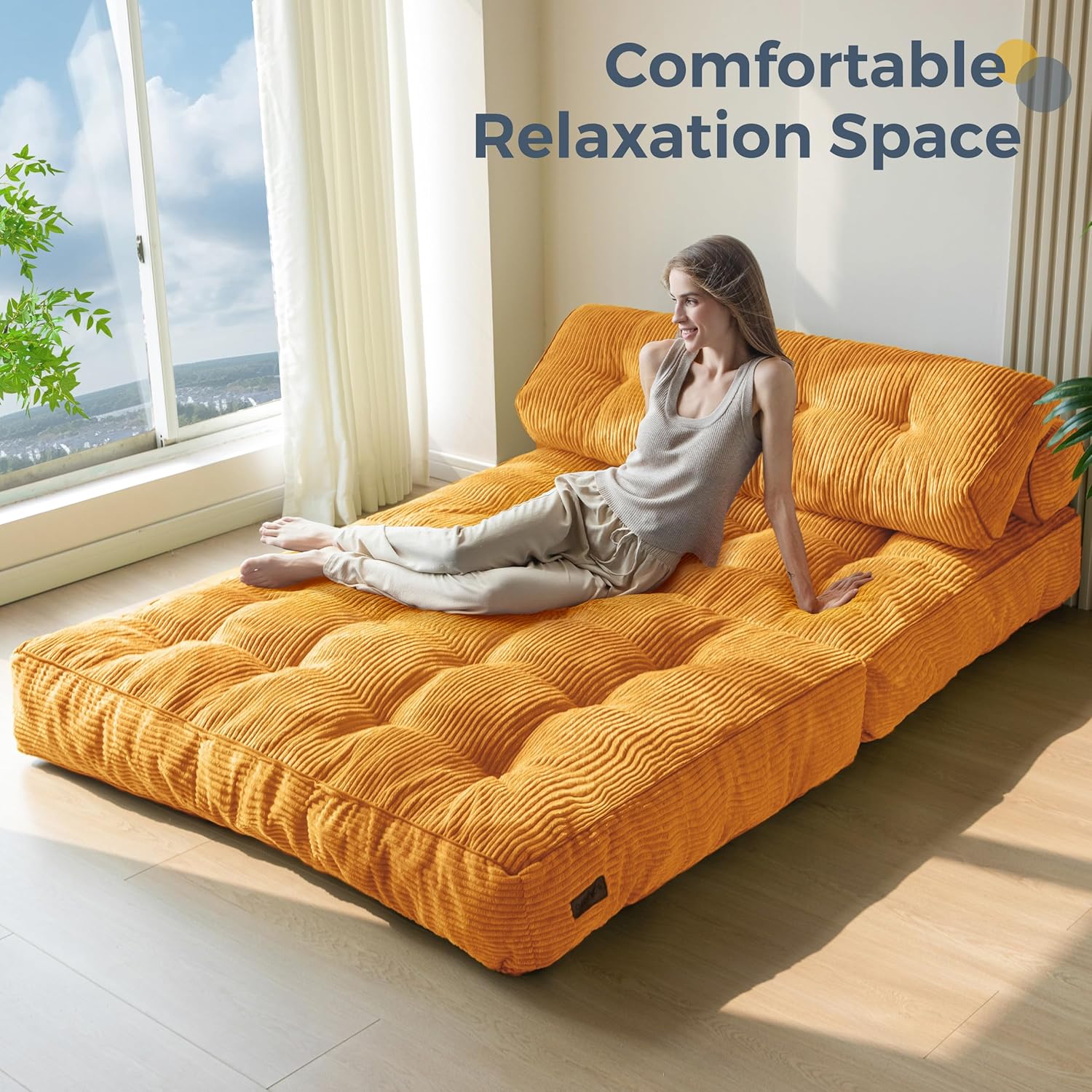 MAXYOYO Folding Sofa Bed, Convertible Sleeper Chair with Pillow Foldable Mattress with Back Support, Portable Fold Out Chair Bed Comfy Floor Sofa Lounge for Living Room Bedroom, Orange Double