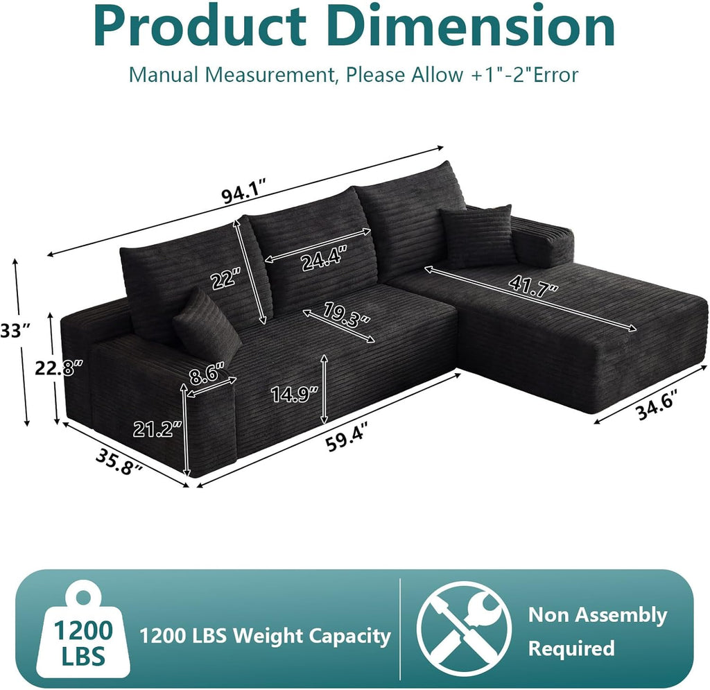 95" Modular Sectional Couch, Boneless L Shaped Cloud Sofa with Chaise Lounge, Corduroy Upholstered Couches Memory Foam Deep Seat, No Assembly Required, Ideal for Living Room(Black, Right Facing)