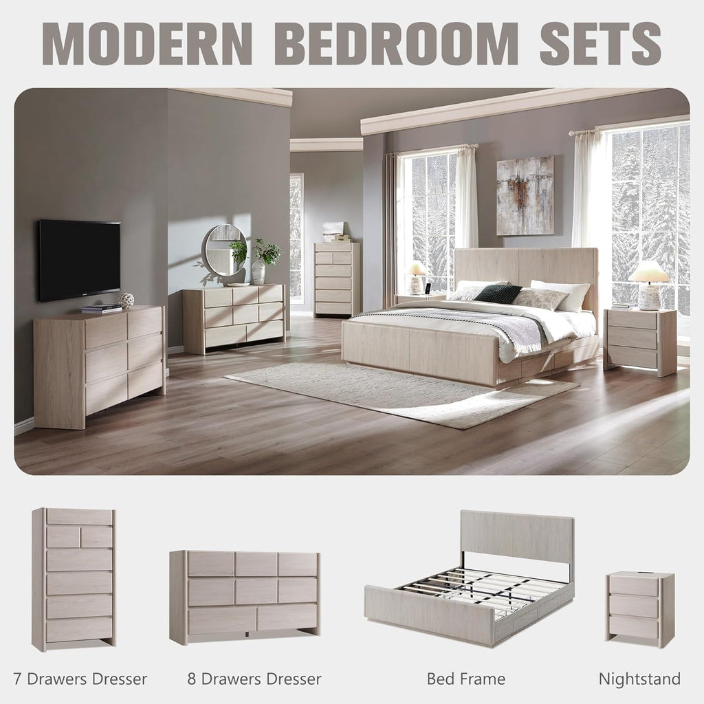 Modern 7 Drawers Dresser for Bedroom, 54.7" Tall Large Dresser & Chests of Drawers w/Rounded Corner, Wood Handleless Organizer Dresser w/Natural Texture for Bedroom, Living Room-Cream