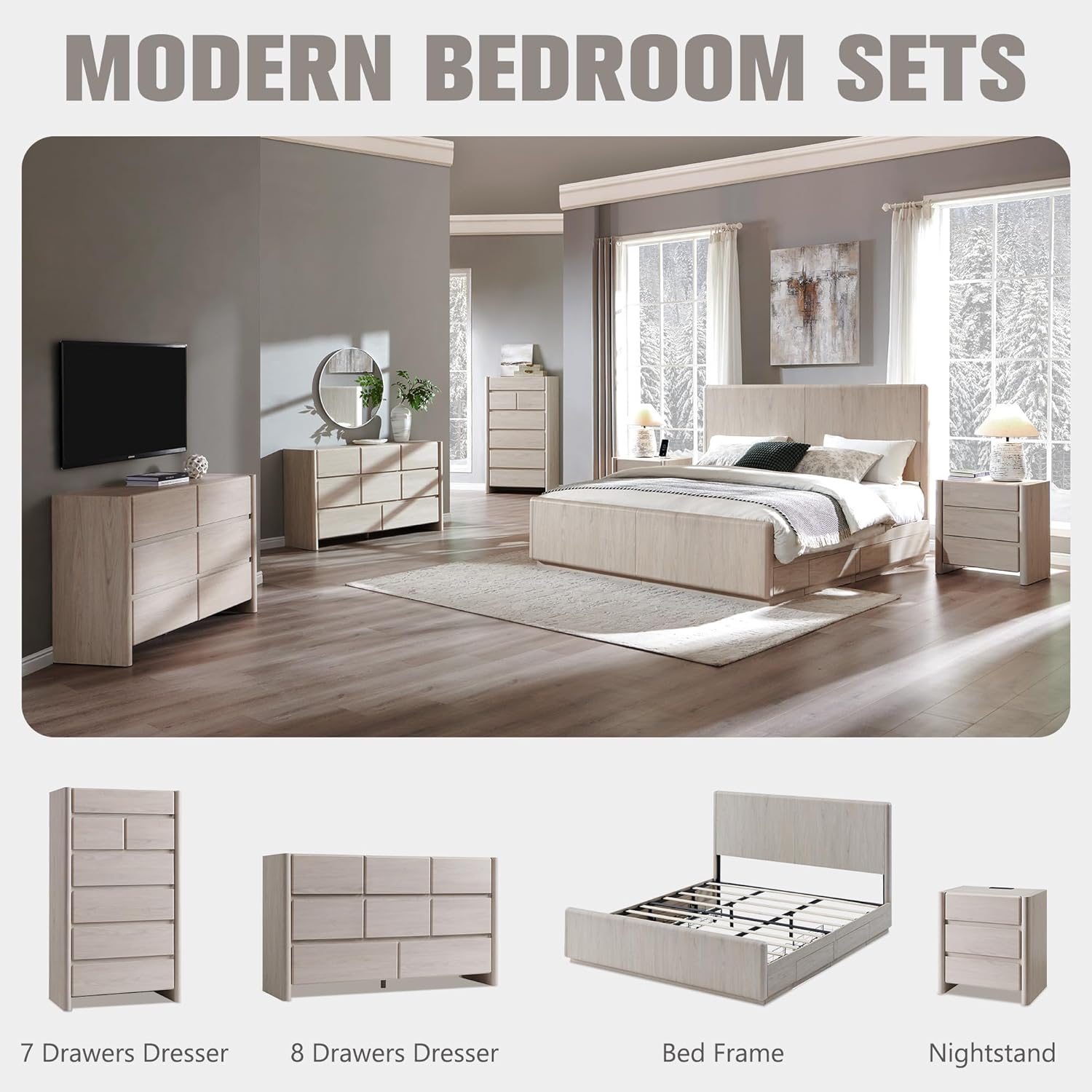 Modern 7 Drawers Dresser for Bedroom, 54.7" Tall Large Dresser & Chests of Drawers w/Rounded Corner, Wood Handleless Organizer Dresser w/Natural Texture for Bedroom, Living Room-Cream