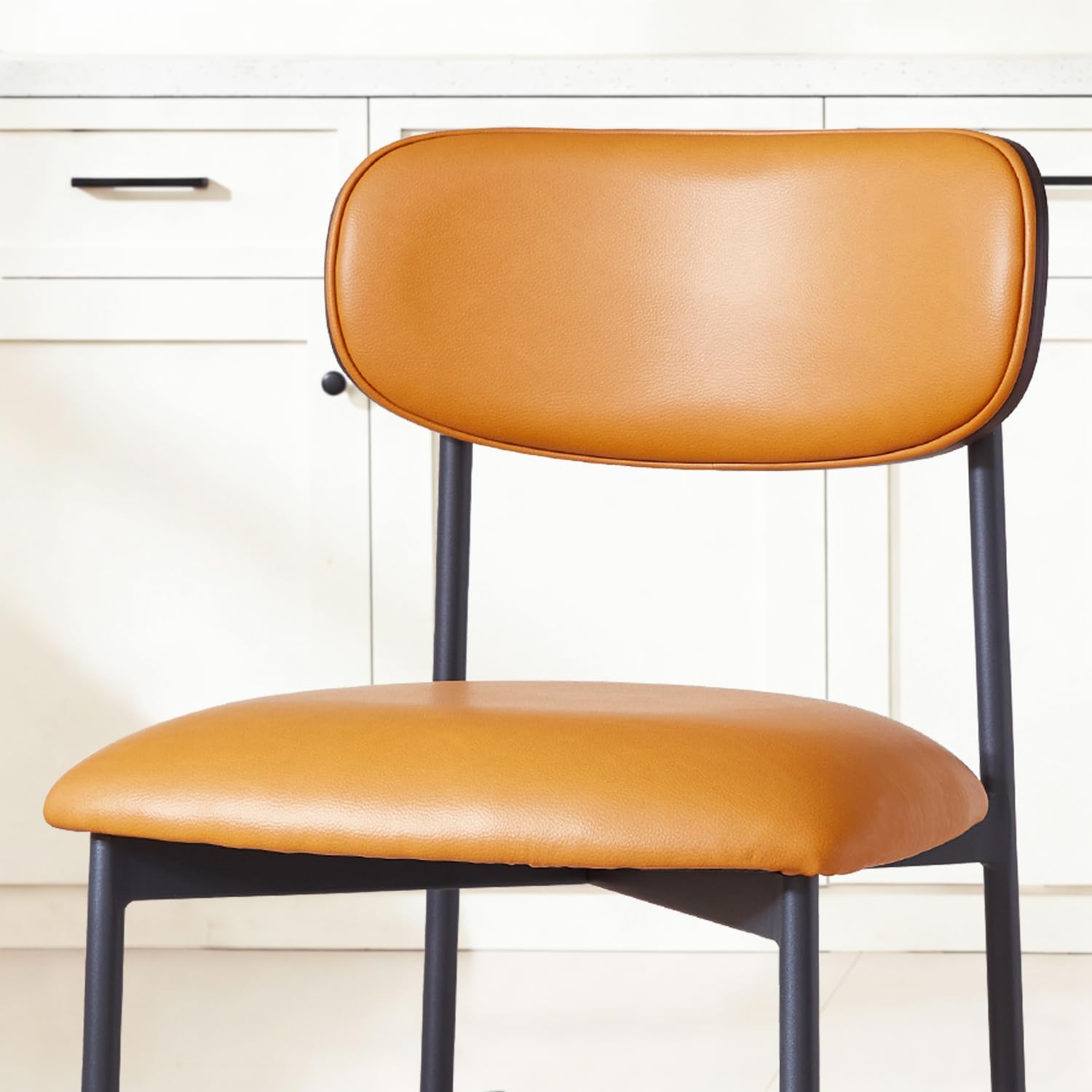 Brown Faux Leather Dining Chairs Set of 4, Armless Upholstered Kitchen Chairs with Wood Grain Back, Modern Dining Room Chairs with Curved Backrest & Black Metal Legs