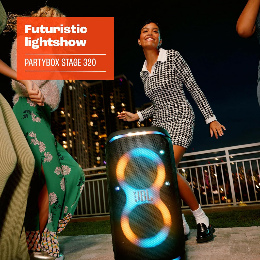 JBL PartyBox Stage 320 - Portable Party Speaker with Telescopic Handle & Wide  Sturdy Wheels  Powerful JBL Pro Sound  Futuristic lightshow  Up to 18 Hours of Play time  Splash Proof (White)