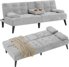 Shintenchi Futon Sofa Bed, Velvet Foldable Couch, Reclining Sleeper with Removable Armrests, Upholstered Loveseat Sofa Couch with Folding Cup Holders for Home, Office, Light Gray