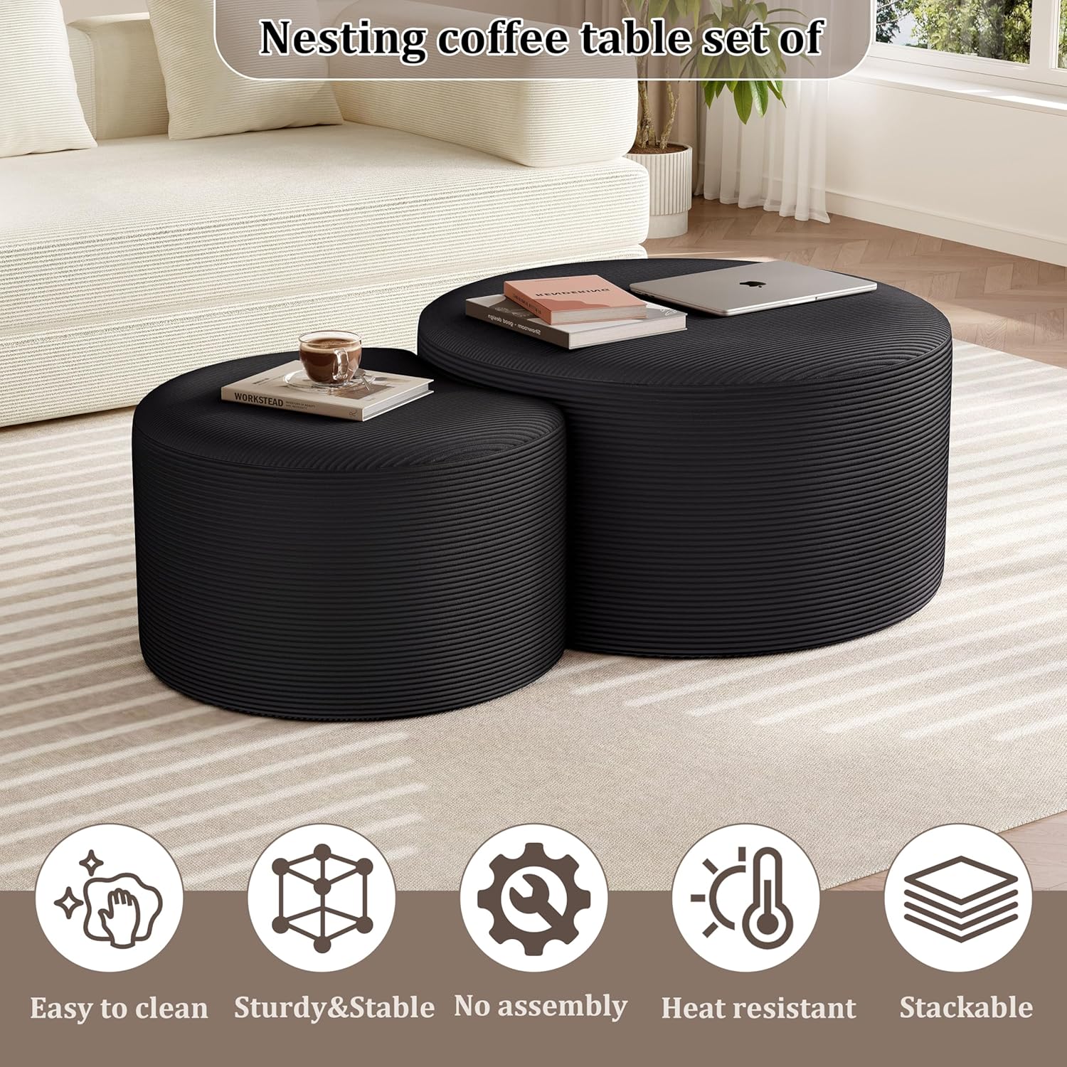 BSHOMGI Nesting Coffee Table Set of 2, Round Corduroy Modular Sectional Sofa Stool Circle Foam Side Table for Living Room, Entryway and Small Spaces No Assembly (Dark Gray, 32"+17")