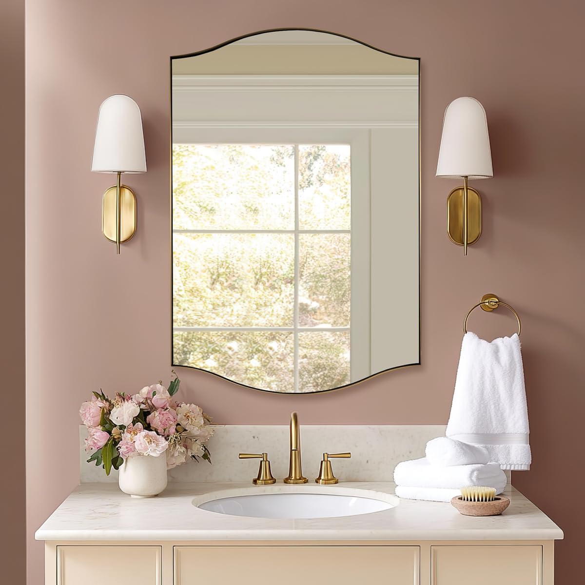 ANDY STAR 30"x40" Scalloped Wall Mirror, Brushed Gold Rectangle Bathroom Mirror with Curved Edge Stainless Steel Metal Frame, Large Wall-Mounted Mirror for Bathroom, Entryway (Horizontal/Vertical)