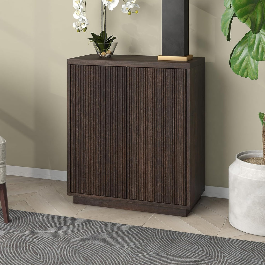 Henn&Hart 28" Fluted Wooden Accent Cabinet, Ribbed Modern Sideboard Buffet Cabinet with 2 Doors and an Adjustable Shelf for Living Room, Dining Room, Bedroom or Entryway, Rich Brown