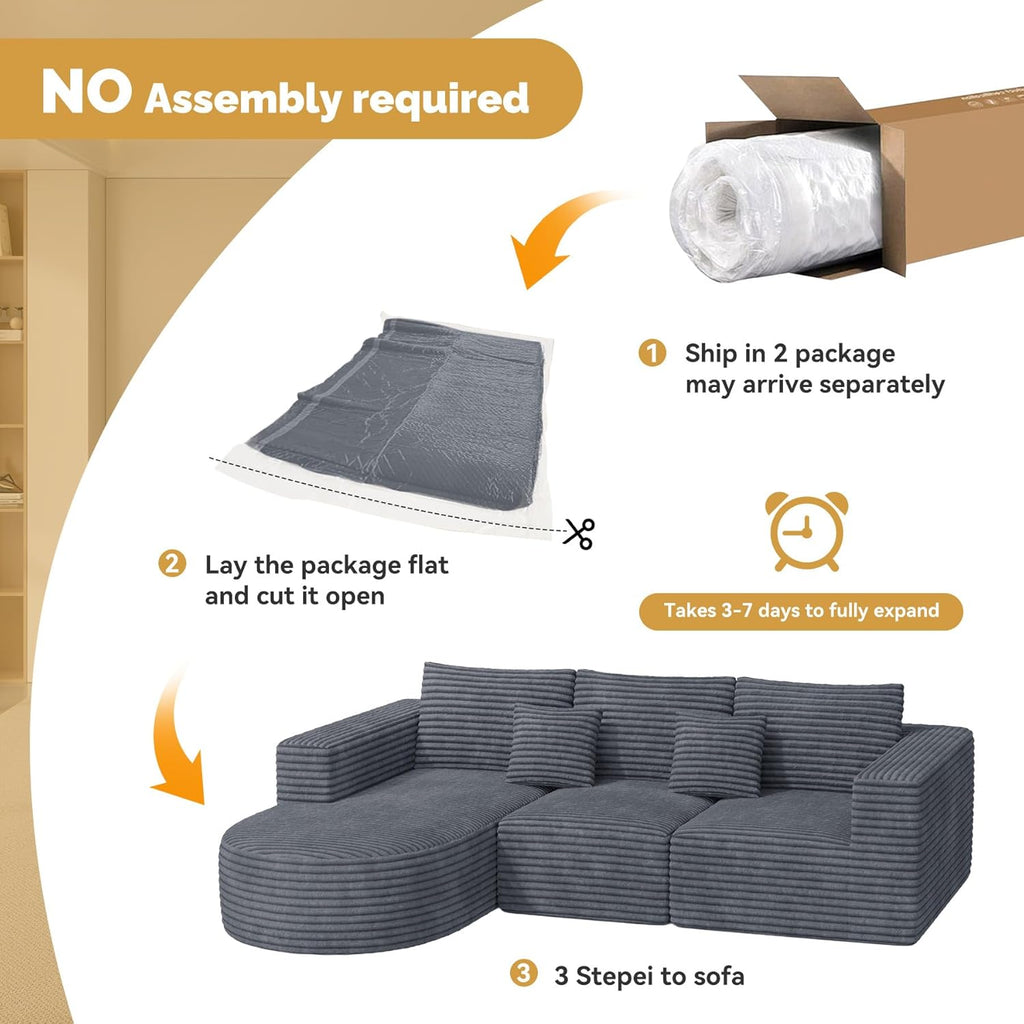 110”Sectional Couches for Living Room,Modular l Shaped Cloud Couch,Boneless Comfy,Modern Sofa with Chaise,Deep Seat Convertible Sleeper Sofa Bed,No Assembly Required,Gray,1pcs