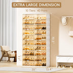 JEKO&JEKO 10-Tier Foldable Shoe Storage Box with Magnetic Doors, Large Stackable Shoe Organizer Cabinet for Entryway, Clear Front Door Shoe Boxes Hold Up to 40 Pairs (White)