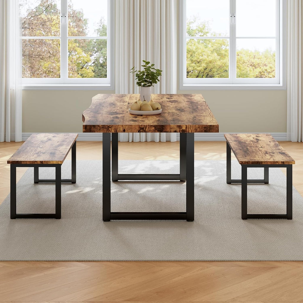 63" Dining Table with 2 Benches, Modern Kitchen Table and Chairs Set for 4 to 6 Persons, Thickened MDF Wooden Table for Dining Room, Kitchen