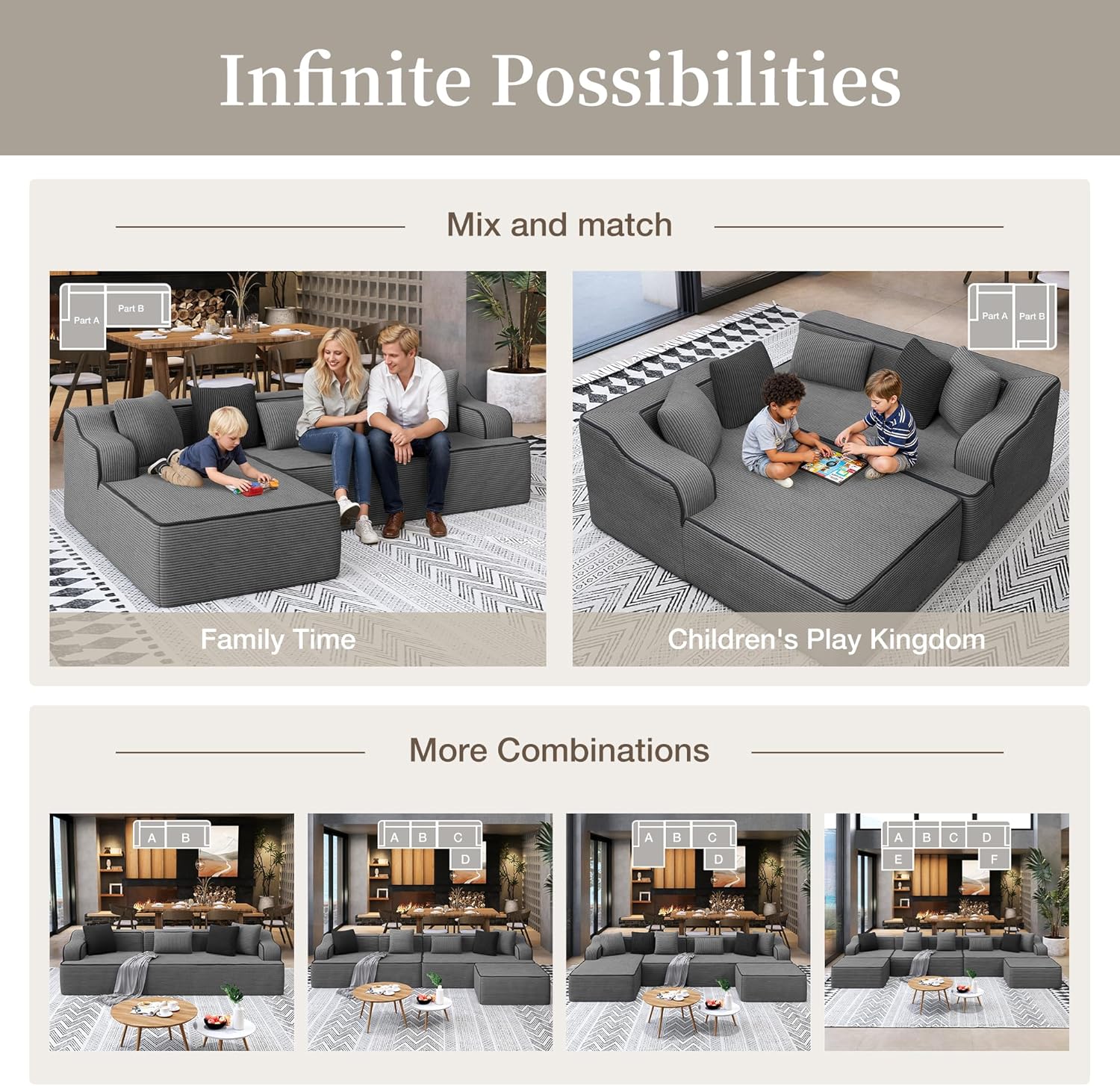 Cloud Sectional Couch for Living Room, 104'' L-Shaped Modular Sofa with Chaise, Modern Corduroy Boneless Couch with Deep Seat, No Assembly Required, Grey