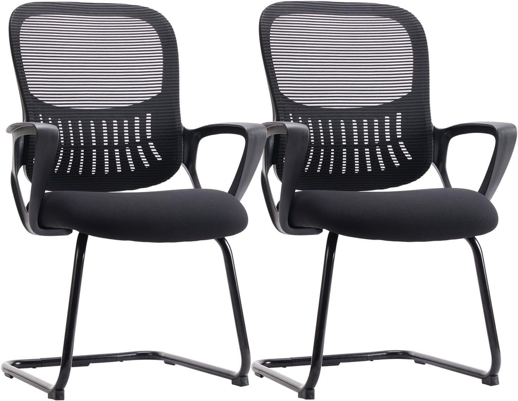 Sweetcrispy Reception Chair No Wheels, Stationary Non Rolling Mesh Mid Back Computer Guest Side with Lumbar Support for Waiting Area Reception Conference Room, Set of 2, Modern Black