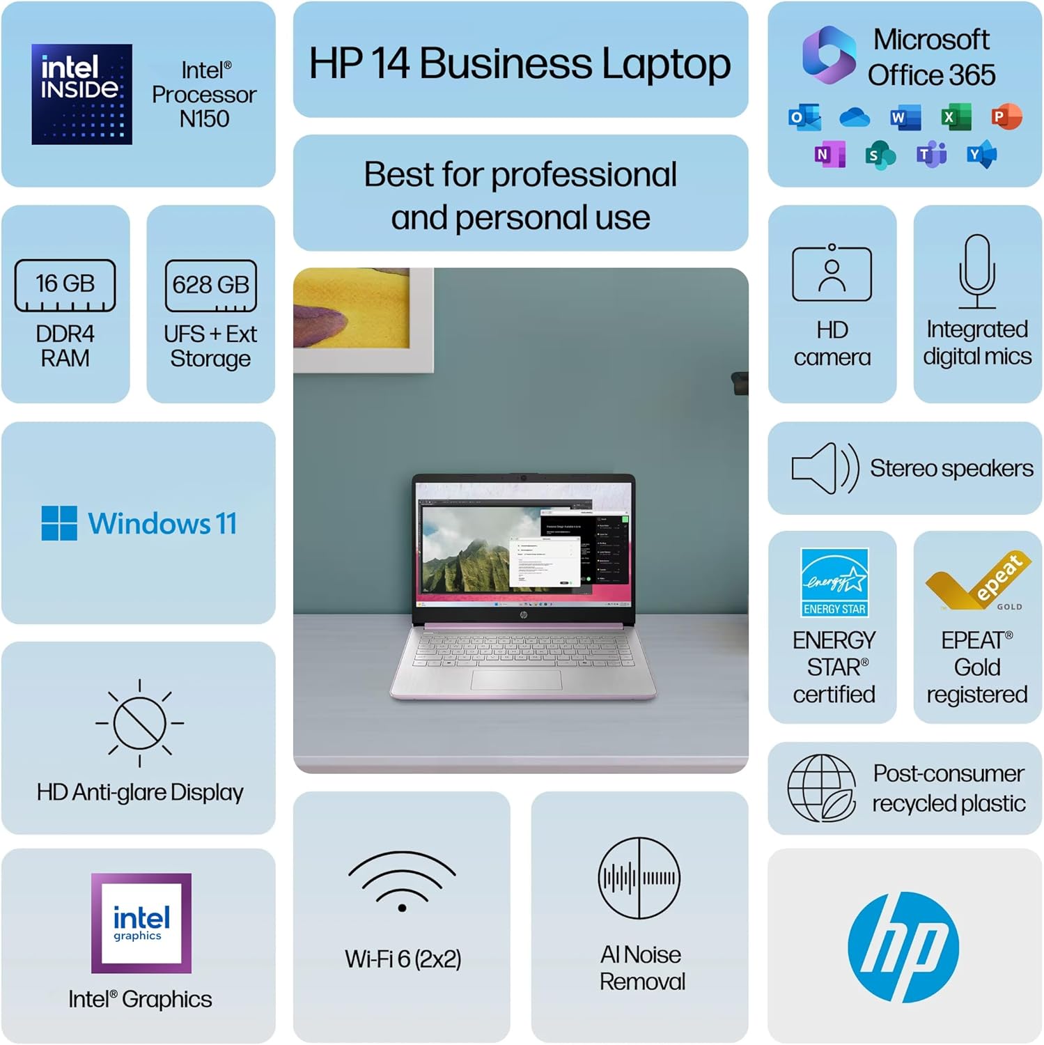 HP 14 Laptop Student Business 2025 Flagship Computer  AI Copilot  4-Core 13th Gen Intel CPU  16GB RAM 628GB Storage (128GB UFS+500GB Ext) 1-Yr Office 365 Long Battery HubxcelAccessory Win 11S Lavender