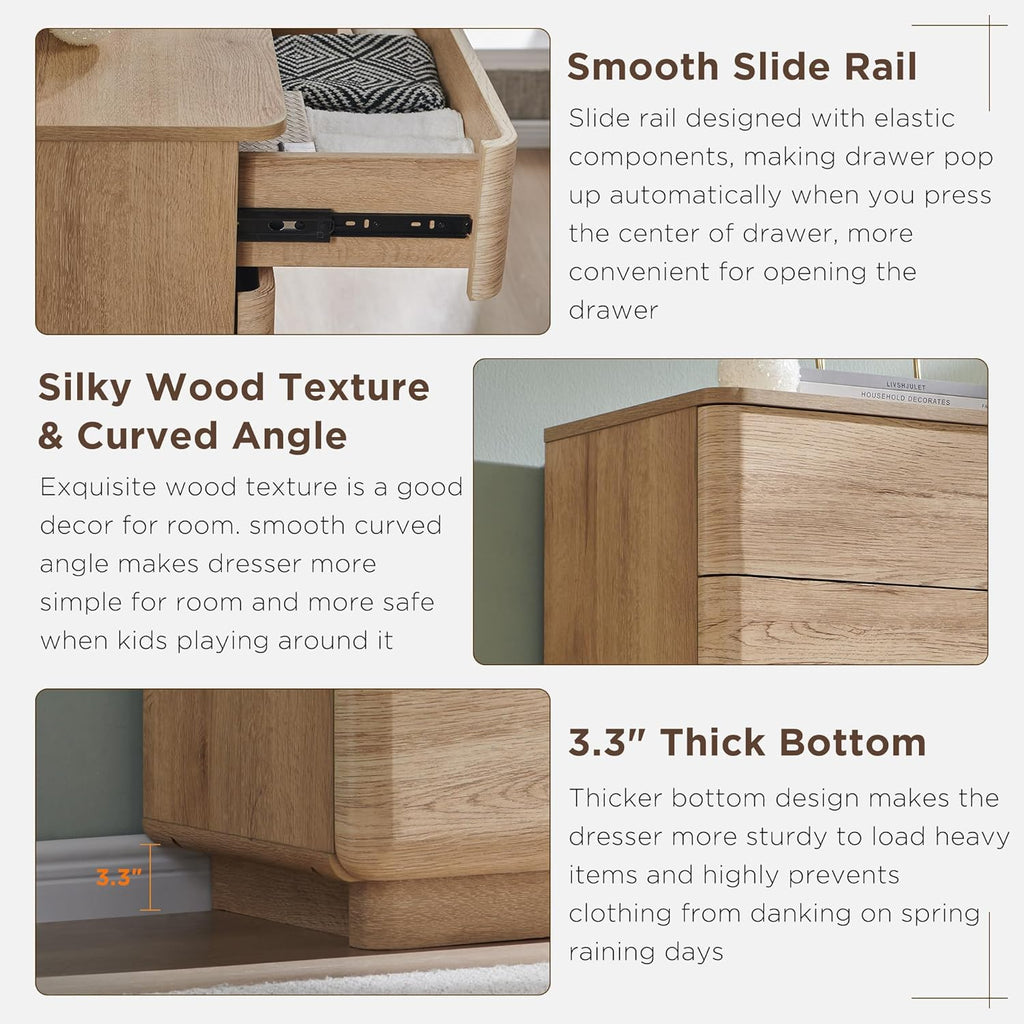 JXQTLINGMU 9 Drawer Dresser for Bedroom, 52" Wide Modern Wood Dressers with Push-to-Open Drawers for Closet Storage, Chest of Drawers TV Stand for Living Room & Hallway, Curved Profile, Natural