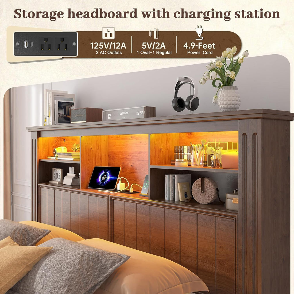 EnHomee King Size Bed Frame with 4 Storage Drawers, King Bed Frame and Headboard with LED Lights & Charging Ports,No Box Spring Needed,NO Noise,Wooden,Brown