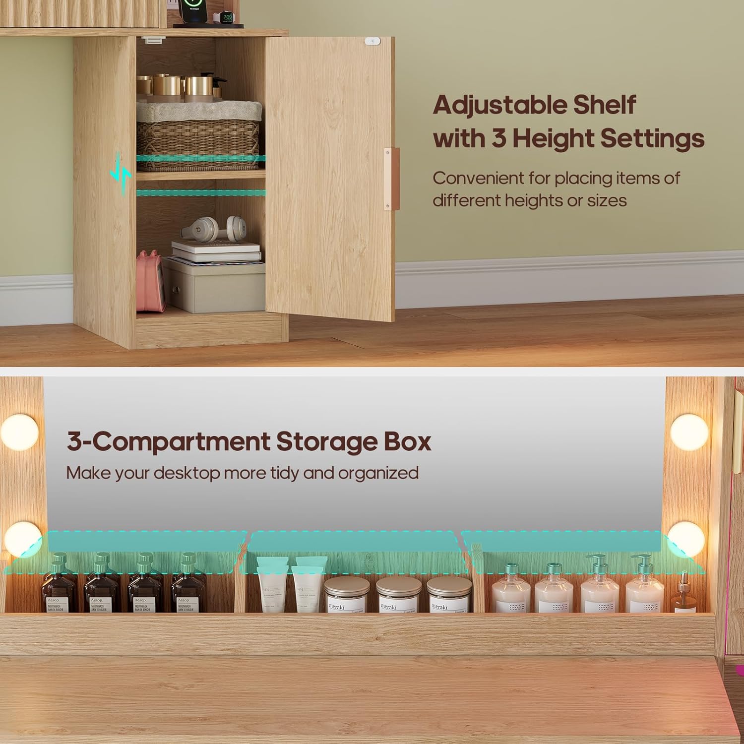 BTHFST Fluted Makeup Vanity Desk with Large 31.5" Mirror and Lights, 46.1" Wood Vanity with Charging Station & RGB Lights, Dressing Table with 6 Drawers & Cabinet & Shelves, Oak