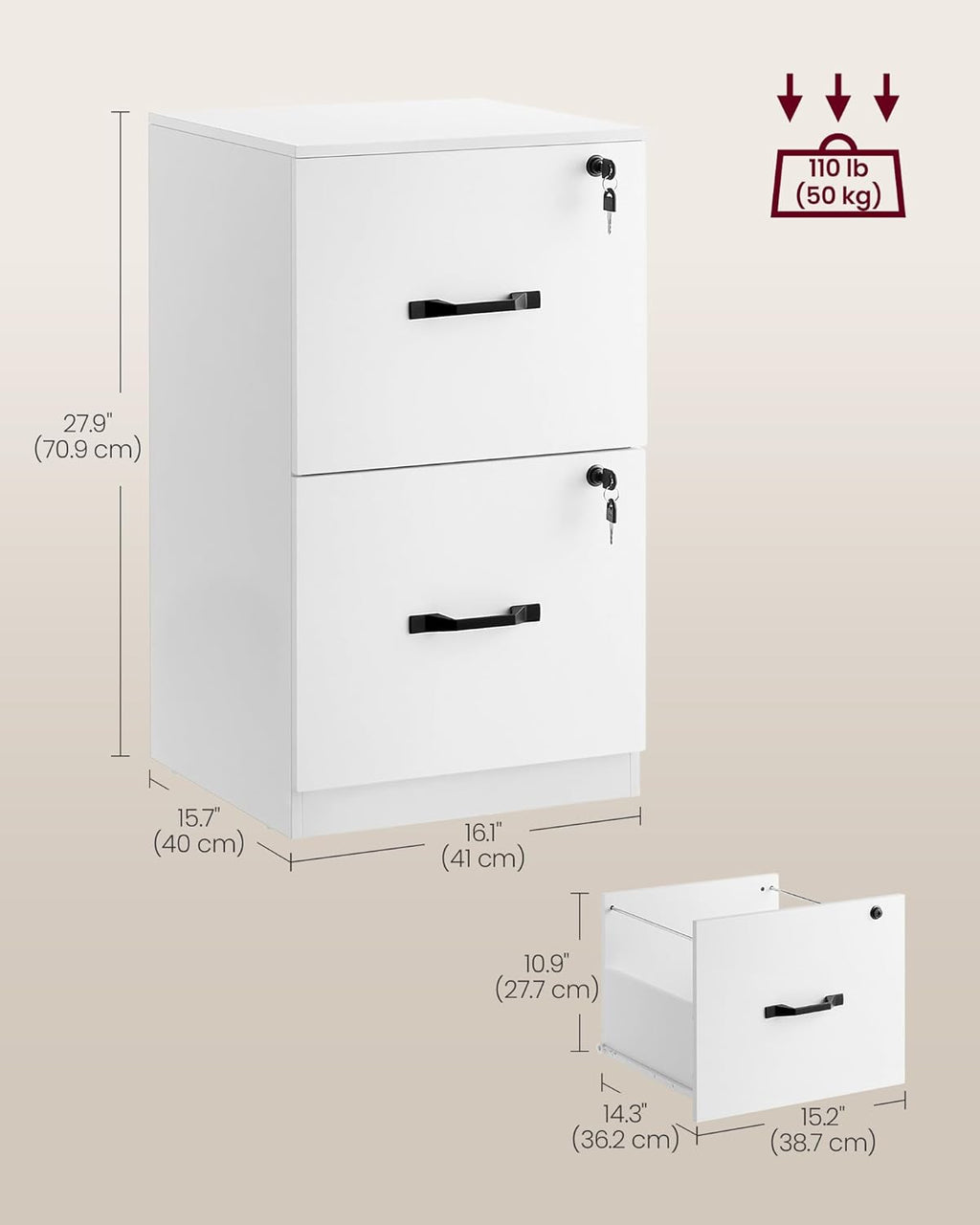 VASAGLE 2 Drawers File Cabinet with Lock, Printer Stand, Office Filing Cabinet Organizer, for A4 and Letter Size Documents, Cloud White UOFC061W14