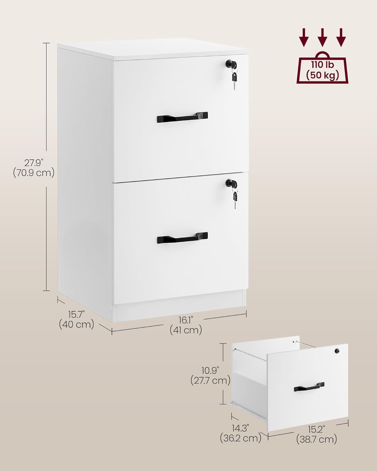 VASAGLE 2 Drawers File Cabinet with Lock, Printer Stand, Office Filing Cabinet Organizer, for A4 and Letter Size Documents, Cloud White UOFC061W14