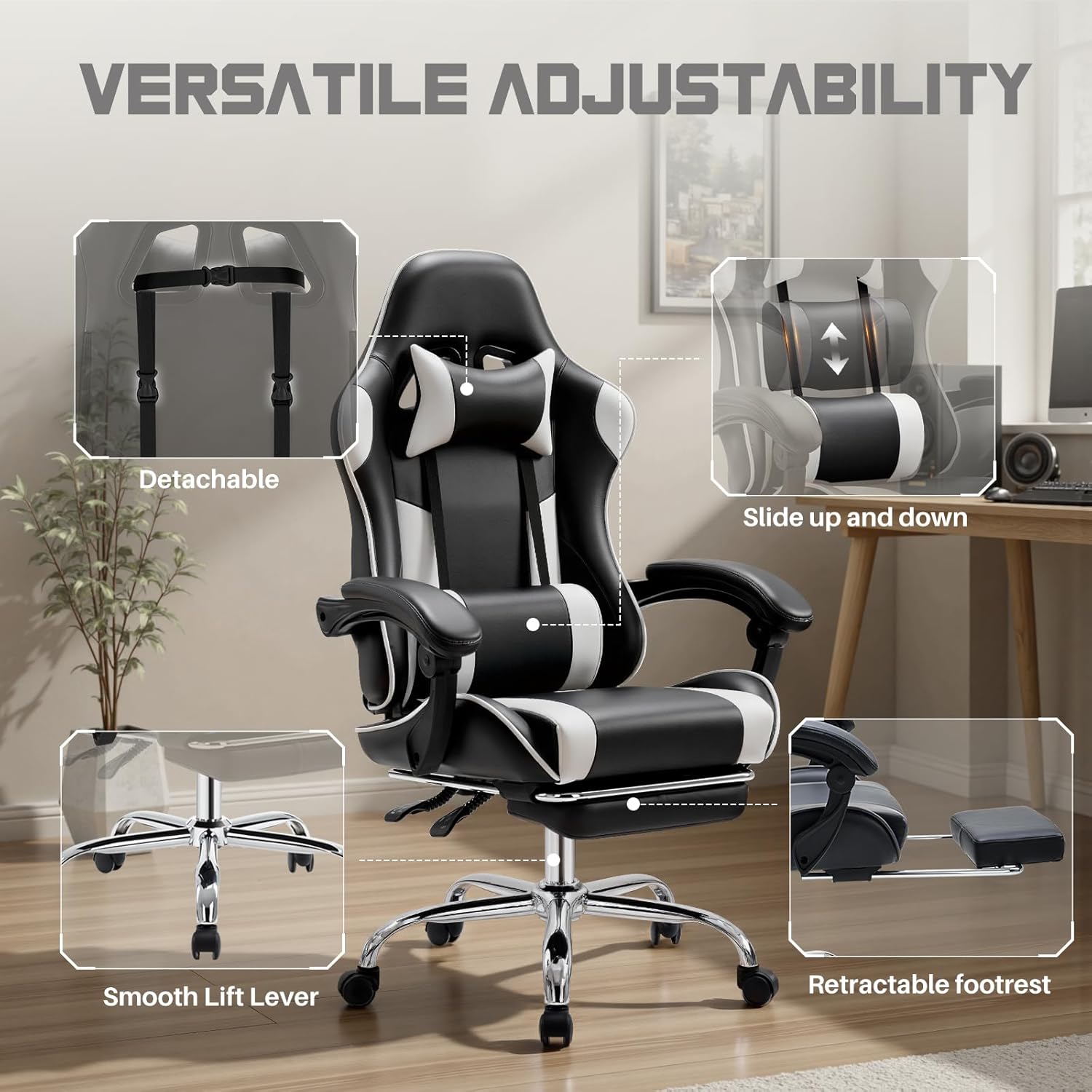 DUMOS Ergonomic Gaming Office Desk Chair with Footrest, Height Adjustable 360° Swivel Computer Video Game Chair with Headrest and Lumbar Support, Black White