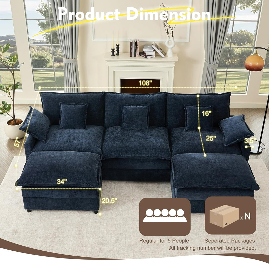 108" U Shaped Couch, Modular Sectional Sofa, 3-Seater Comfy Cloud Couch, Set of Modular Pieces with Movable Ottoman, Deep Seat Couches for Living Room, Chenille, Navy
