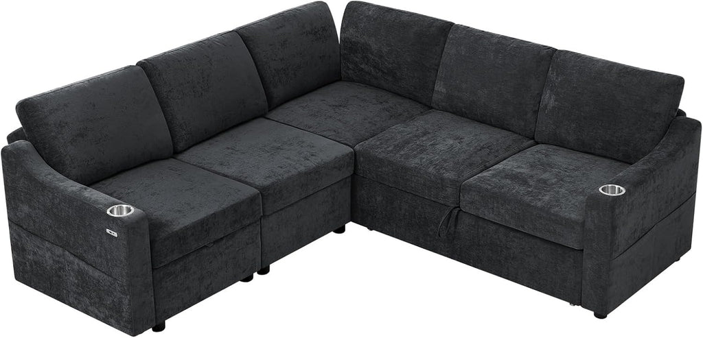 84" Chenille Modular Sleeper Sofa with Adjustable Backrests, Convertible Corner Sofa with USB Ports, L-Shape Sectional Couch with Pull-Out Bed & Storage Space for House, Living Room, Black