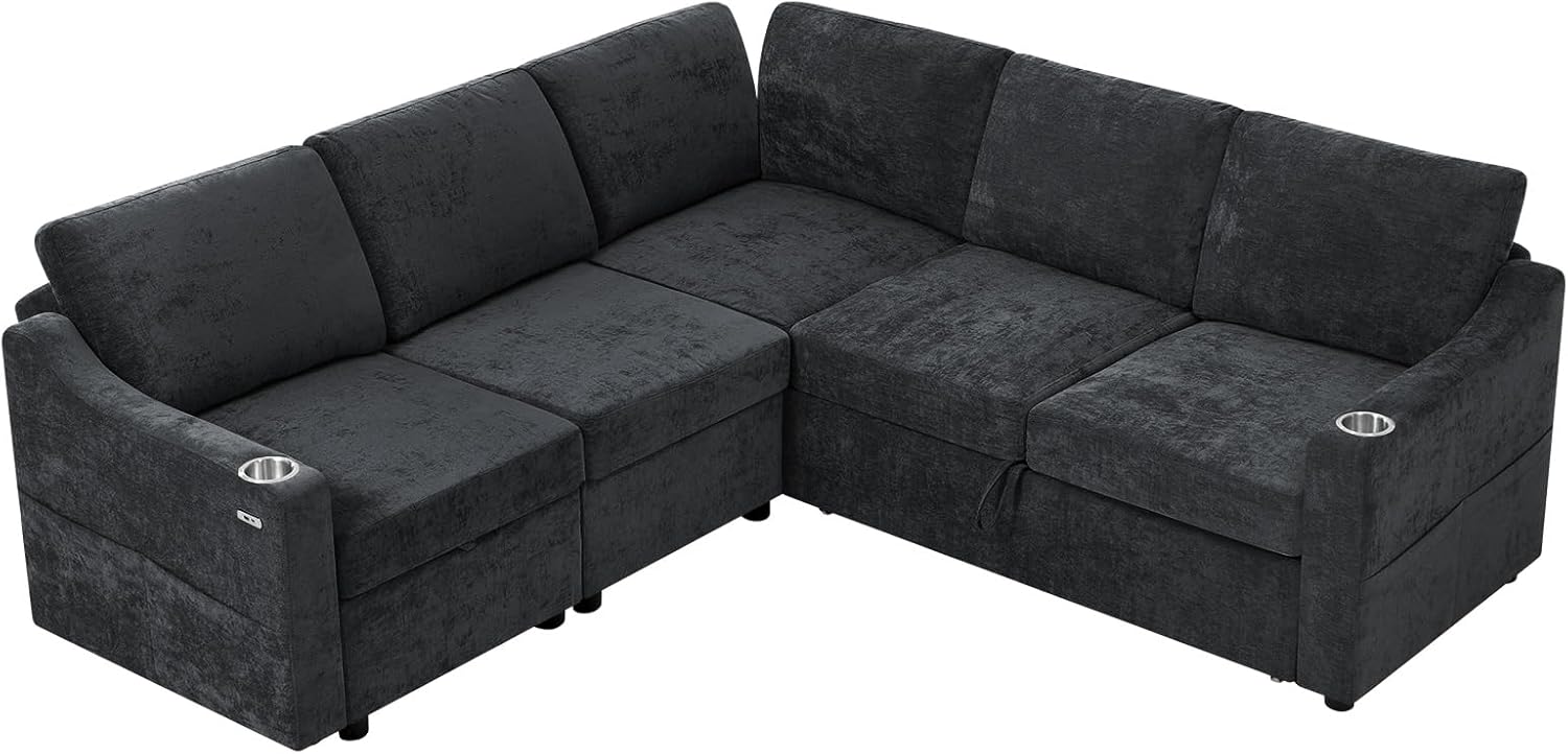 84" Chenille Modular Sleeper Sofa with Adjustable Backrests, Convertible Corner Sofa with USB Ports, L-Shape Sectional Couch with Pull-Out Bed & Storage Space for House, Living Room, Black